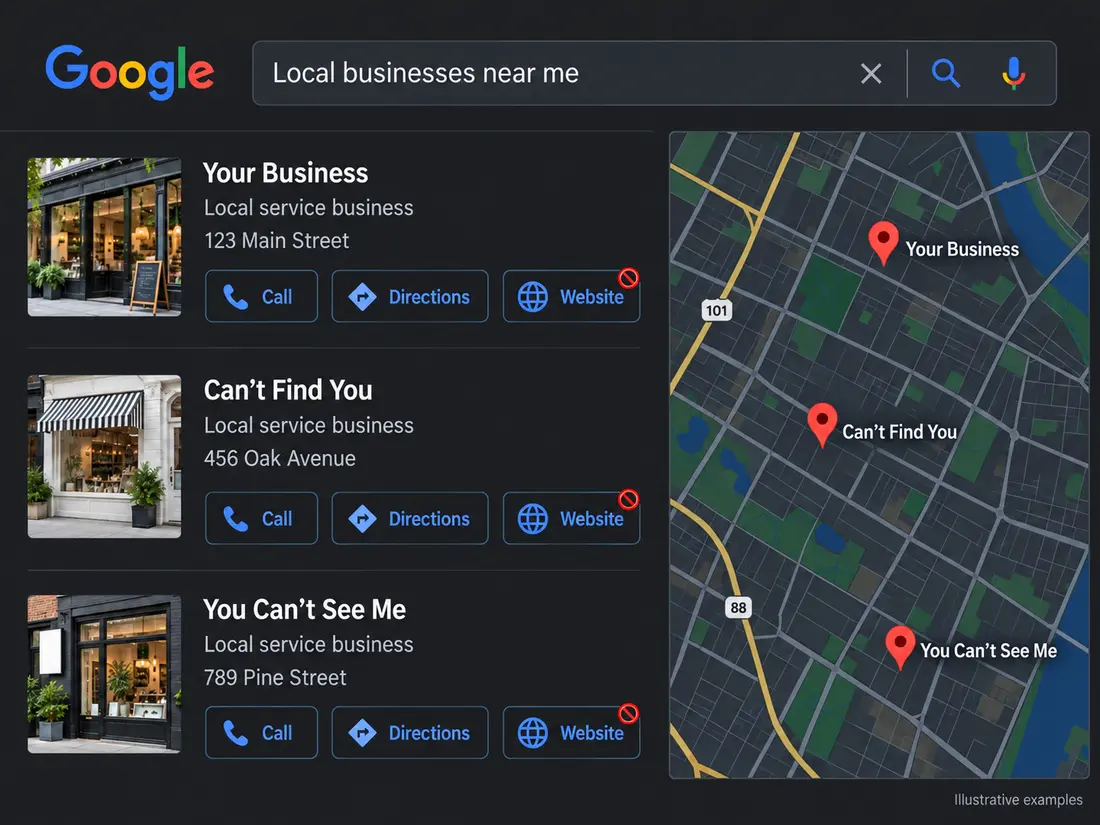 Illustrative Google-style results for Your Business, Can't Find You, and You Can't See Me, beside a map with red pins. Each Website button has a small red unavailable symbol.